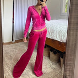 Vintage Fashion Green Velour Autumn Tracksuit Women Zip Up Hoodie and Pants Suits Two Piece Set Workout Solid