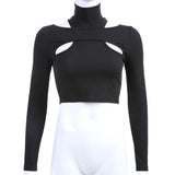 Zingj Careful Machine Hollow Out Off-Shoulder Undershirt Women's Short Crop T-Shirt Slim Fake Two Tops