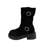 Martin Boots Women 2025 New Round Head Velvet Belt Buckle Thick Bottom And Women's Single Boots Black Retro