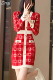 V-Neck Long Sleeves Wedding Maxi Dresses for Women Party Plaid Knitting Bodycon Dress Red Clothing Winter 2023