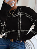 Autumn And Winter New Lattice Color Collar Sweater Women Casual Long-Sleeved Round Collar Collar Knitted