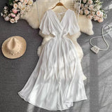 Summer New Temperament V-Neck Elasticity To Collect The Waist Of The Long Seaside Vacation Beach Chiffon Dress