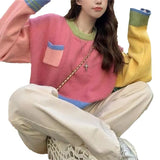 Zingj Splicing Short Head Sweater Female Spring And Autumn Korean Soft Waxy Show Thin Age Reduction Sweet Sweater Long Sleeve Jacket-Outfit