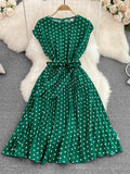 Vintage Polka Dot Pleated Dress Women Red/Green/Black Draped Knee Length Vestidos Female Elegant Robe New