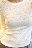 Print T-shirt Women Summer Sweet Long Sleeve Tee Shirt Female Chic Boho Slim Tops Ladies Basic O Neck Top Spring