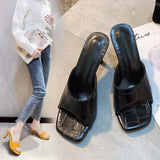 Summer New Word Lingge French Cool Slippers Women Wear Square High Heels Fine Heel Half-To-Sand