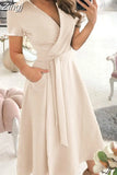 Women Summer Long Dress Short Sleeve V Neck Solid Vintage Elegant Chic Shirt Dress With Belt Office Ladies Party