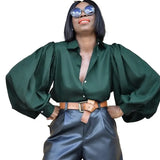 Loose Lady Sexy Tops Lantern Sleeve Vintage Silk Shirt Women Single-breasted Backless Satin Blouse Women Blusas New