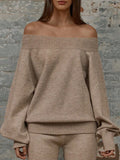 Temperament Famous Woman's Shoulder Solid Color Loose Long-Sleeved Sweater Trousers Set Two Sets Of