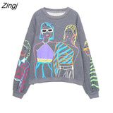 Women Fashion Contrast Color Beauty Print Casual Fleece Sweatshirts Female Long Sleeve Hoodies Chic Pullovers Tops