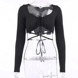 Knit Cropped Tops Women V-Neck Lace Up Sexy Solid Long Sleeve Shirt Woman Waist Skinny Autumn Clothing 2021 Chic