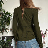 V-Neck High-Waisted Skirt-Shaped Long-Sleeved T-Shirt Women's Embroidered T-Sleeve Design-Sleeve