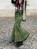 Vintage Fashion Elegant Green Trumpet Long Skirt Graphic Printed Lace Trim Y2K High Waist Skirt Women 2000s