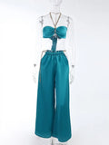 Y2K Satin Women 2 Piece Set Chain Halter Crop Tops Cut Out Loose Wide Legs Pants Sexy Streetwear Casual Female