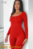 Women Yoga Jumpsuits Workout Ribbed Square Neck Long Sleeve Bodycon Rompers Sport Jumpsuits Skinny
