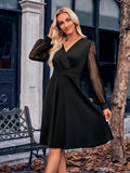 Autumn And Winter Casual Women's Fashion Solid Color Waist Splicing V Collar Dress
