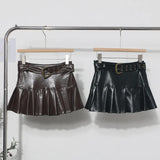 Real Shooting Merard High-Rise Thin Pu Skin 100 Folded Dress Small Babes A Short Skirt With Belt