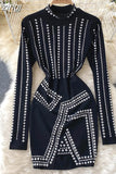 Black Sexy Bodycon Dress With Diamonds Vintage Stand Collar Long Sleeve High Waist Bling Mini Vestidos 2023 New