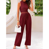 Summer Knitting Casual Suit Sleeveless Round Collar Short Repair Body Broad Leg Pants Two