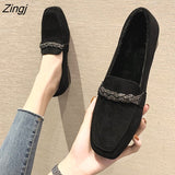Autumn Winter Women Loafers Low Heels Boat Shoes Square Toe Dress Shoes Chain Faux Suede Plush Warm Ladies