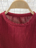 Vintage Red/Pink/Black Pleated Two Piece Set Women Casual O-Neck Short Sleeve Tops + Loose Pants Suit Female