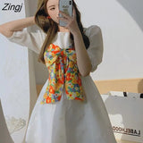 Women Dress Sets Colorful Bowknot Japanese Strap Summer All Match Empire O-neck Print Holiday Feminino Casual Leisure