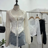 Court Wind Strapped With Waist Fish Bone Shirt Lace Shirt Back Waist To Take Short Top