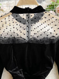 Women Black Mesh Patchwork Velvet Party Dress Elegant Stand Collar Flare Long Sleeve Ruffle Mermaid Robe Female 2023