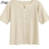 Sleeve T-shirts Women Candy Color Knitted Button Loose All-match Summer Students Leisure Daily Tops Female Lady