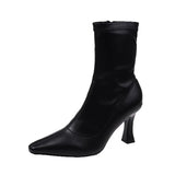 Autumn And Winter Short Boots Women High With Black Pointed Tips And Thin Boots Skin Noodles Small Square Head Fashion