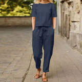 Women's Cotton Tample Summer With Suit Half-Sleeved O-Neck Oversized Hoodie E Broad Leg Pants Retro Two-Piece