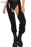 Women Buckles Bottomless Pants High Waist Cargo Trousers Crothchless Color Block Boggy Trousers Long Rave