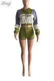 Patchwork Two Piece Set Long Sleeve Hooded Crop Top Biker Shorts Fall Outfits Tracksuit Women Clothes Sexy Matching