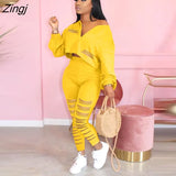 Autumn two piece set women Tracksuits Long Sleeve Crop Top + Pants hollow Out Sportsuit Outfit Colthes For