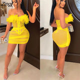 Women Feather Two Piece Set Strapless Shirt + Mini Skirt Dress Sheer Mesh Party NIght Clubwear Dresses For Women