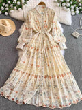 Retro Court Wind Hollow Lace Splicing Lantern Sleeve Collection Waist Single Buckle Print Dress 2025 Spring