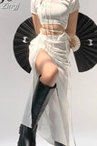 Asymmetrical Drawstring White Long Skirt Women Harajuku Solid Side Split High Waist Summer Skirts Lace Up Party
