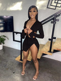Summer Casual Women Two Piece Skirts Sets Long Sleeve Lace Up Tops+Side Slit Mini Skirts Sexy Lady Beach Outfits