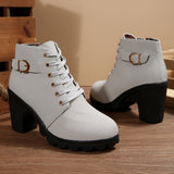 High-Heeled Side Zipper Martin Boots Women's Singles Belt Buckle And Short Boots Round Head Tie And Bare