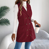 Autumn And Winter Pure Color Double Buckle Pocket Lint Long Vest Coat Women's