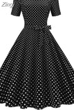 Dot Vintage Dress Women Summer Elegant Short Sleeve Square Collar A-Line Midi Party Sundress 50s 60s Vestidos Plus