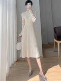 Winter New Knitting Sweater Women Midi Pleated Dress Elegant Casual Long Sleeve Female