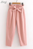 Spring Summer Bow Belt Solid Elastic High Waist Casual Harem Pants Korean Sweet Girls Ankle-Length Cotton Long