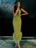 Women Autumn 2023 New Y2K Light Green Feather Sexy&Party High Street Asymmetrical One Shoulder Slip Skinny Chic