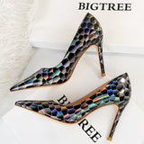 Shoes New Patent Leather Woman Pumps Metal Stone Pattern High Heels Designer Women Heels Stiletto Female Pumps Size