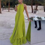 Women's New Sexy Sleeveless Slings Solid Folds Long Skirt