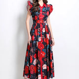 Printing Lotus Leaf Cuff Clenbuter Single Buckle Waist Swing Dress Female Thin Temperament Elegant