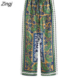 Women Vintage Patchwork Paisley Print Straight Pants Female Chic Elastic Waist Retro Long Trousers Pantalones Mujer