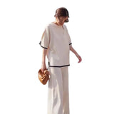 Fashion Suit Temperament Bumpy Open Fork Short-Sleeved Knit Shirt High Waist Thin Leg Trousers Two
