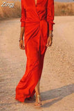 Ladies High Waist Split Mopping Dress Long Sleeve Lapel Dress Women Vintage Skirt Sexy Party Dress Elegant High